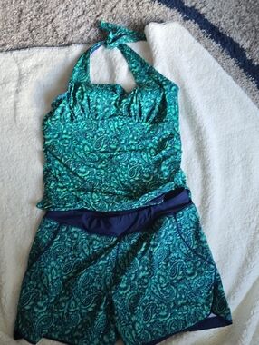 Lands' End SWIM Navy Halter Tankini Top And Matching SHORTS